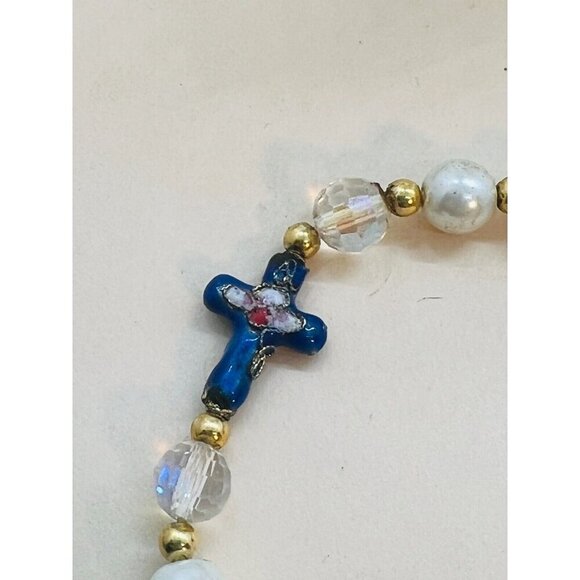 White Bead Elastic Stretch Bracelet with Cloisonne Cross/Butterfly - Picture 2 of 3